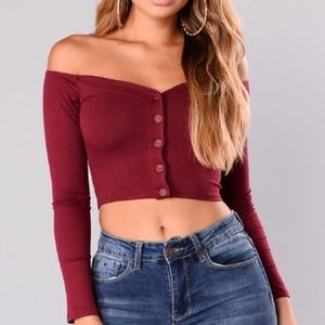 Long Sleeve Button Red Crop Top